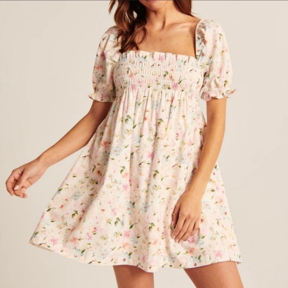 Abercrombie & Fitch puff sleeve smocked bodice mini dress in pink
